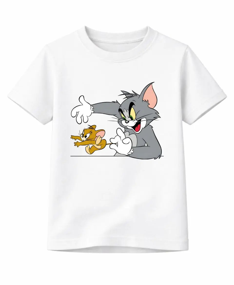 White t-shirt with cartoon characters on a white background