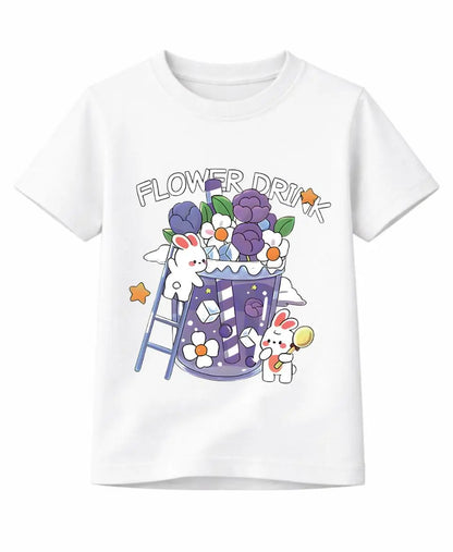 White t-shirt with colorful graphic design featuring flowers and a drink.