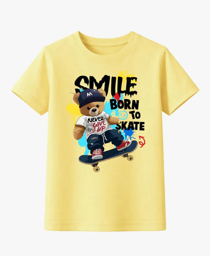 Yellow t-shirt with a bear graphic and text on a white background