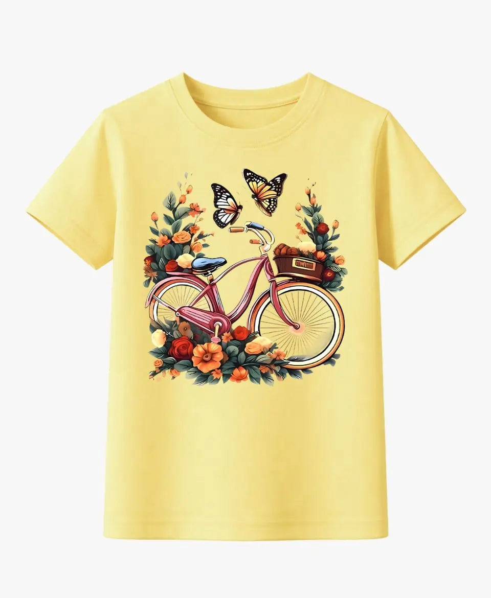 Yellow t-shirt with a bicycle and butterfly graphic on a white background