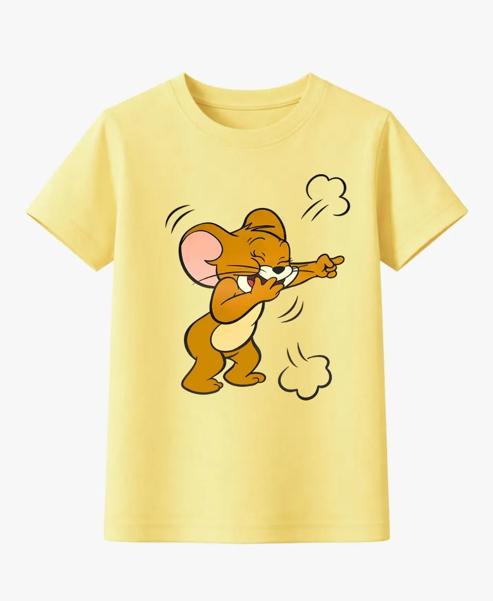 Yellow t-shirt with a cartoon mouse design on a white background