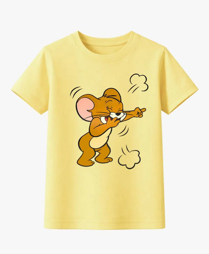 Yellow t-shirt with a cartoon mouse design on a white background