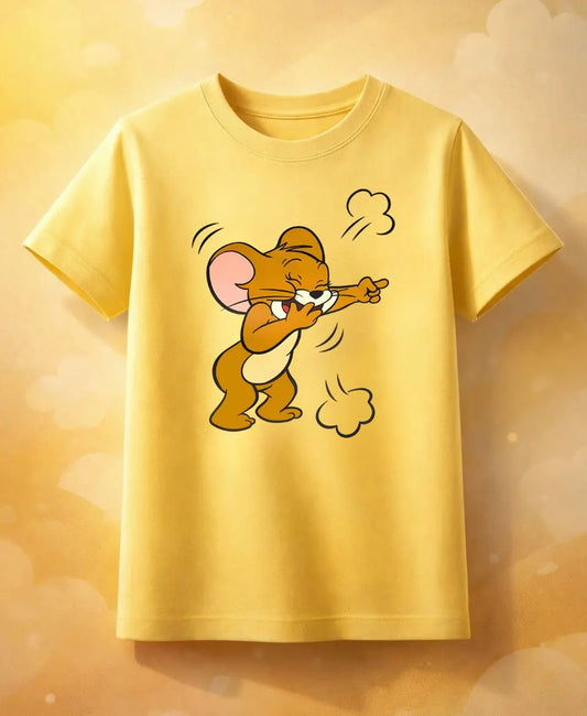 Yellow t-shirt with a cartoon mouse design on a yellow background