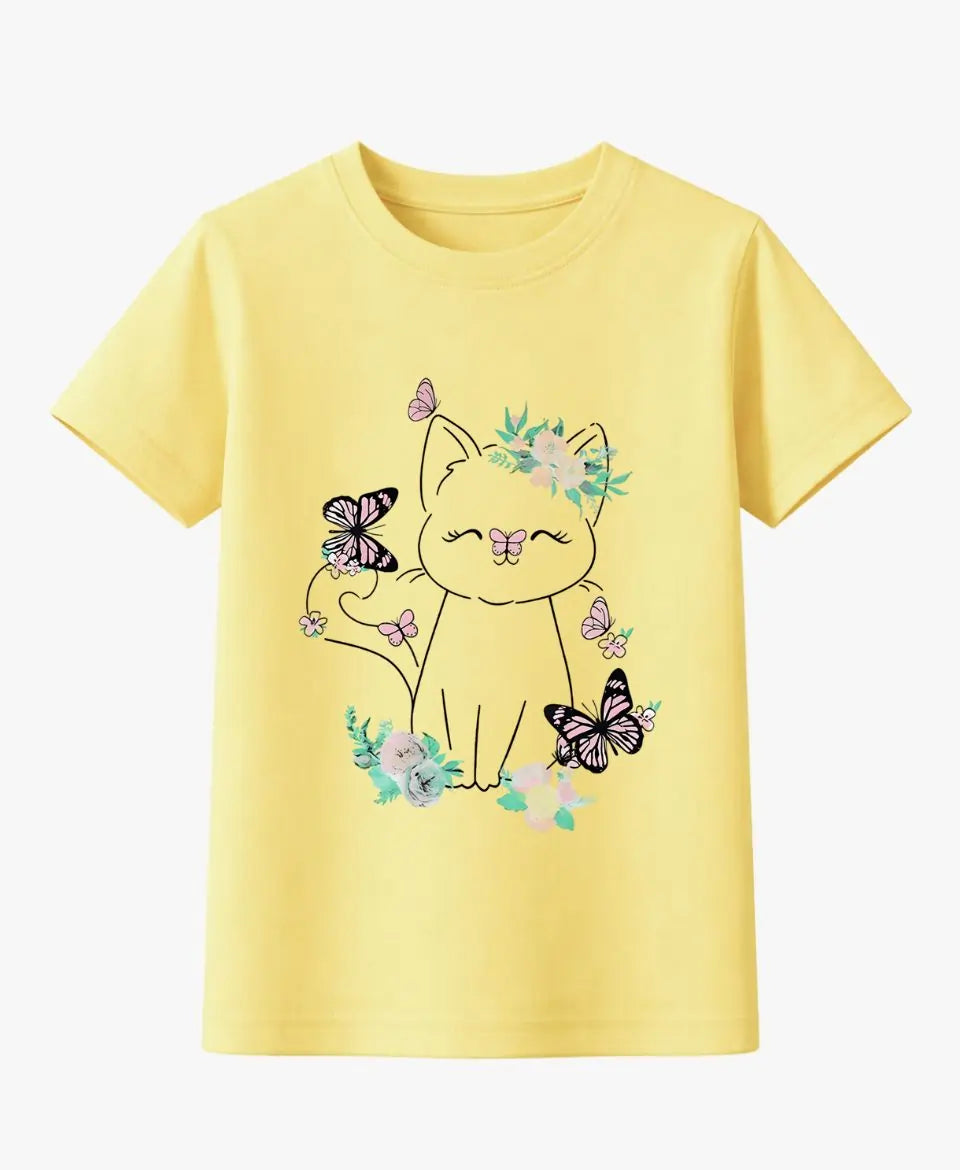 Yellow t-shirt with a cat and butterfly design on a white background