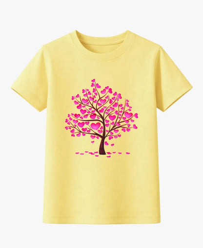 Yellow t-shirt with a pink heart tree design on a white background