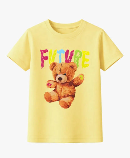 Yellow t-shirt with a teddy bear and colorful 'FUTURE' text on a white background