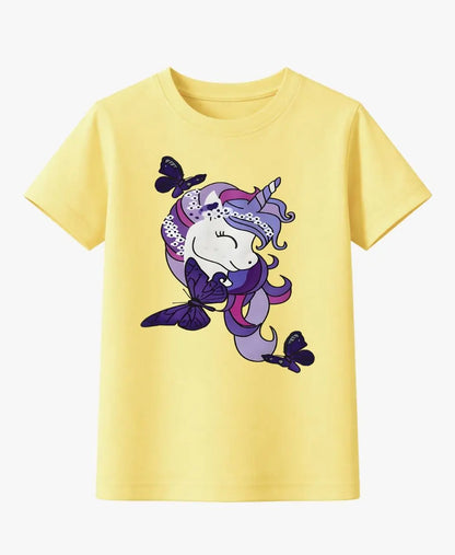 Yellow t-shirt with a unicorn and butterfly design on a white background