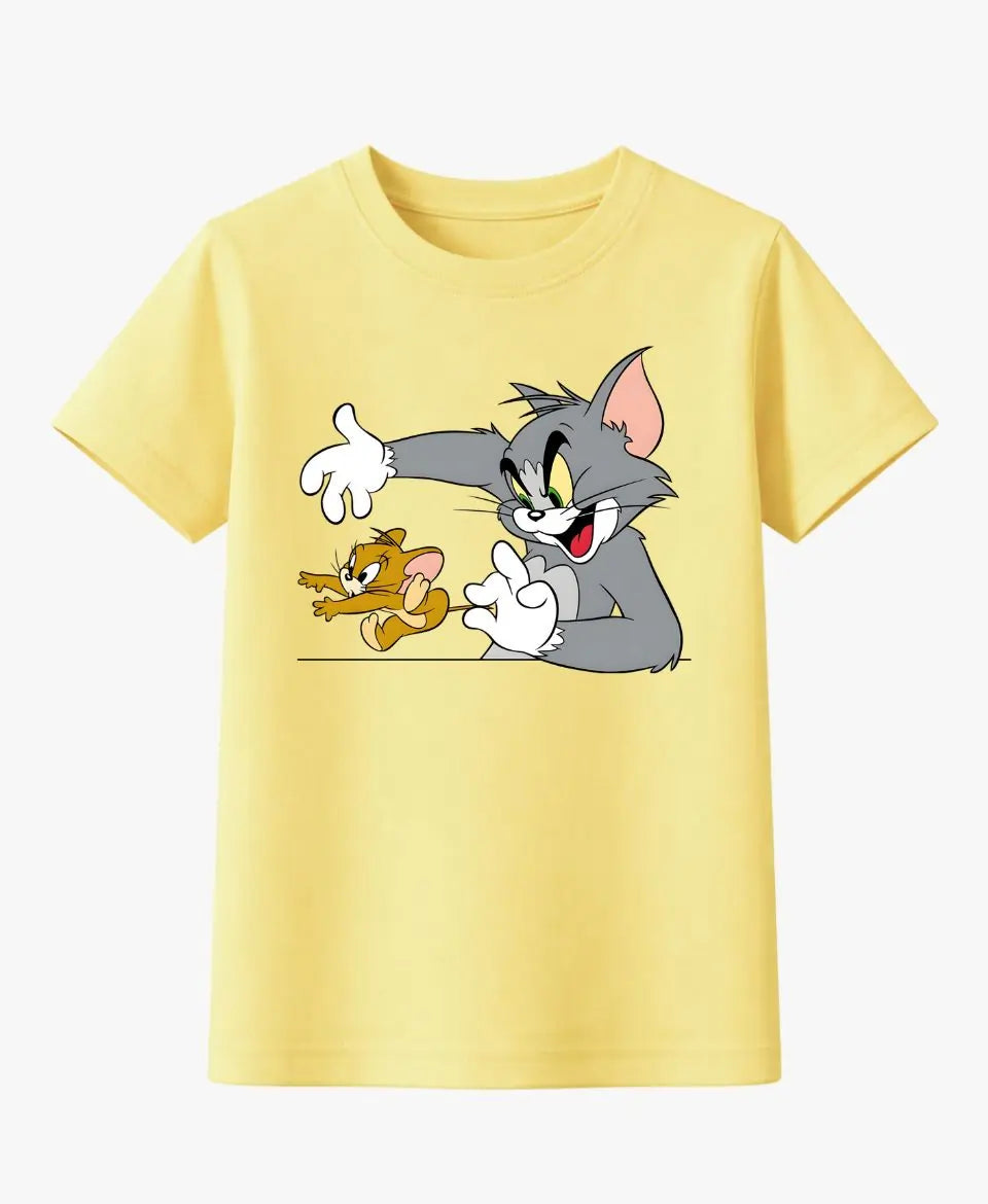 Yellow t-shirt with cartoon characters on a white background