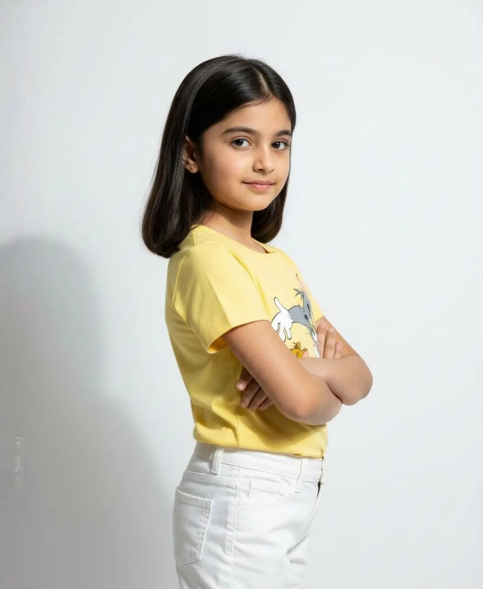 Young girl wearing a yellow t-shirt with a graphic design on a white background