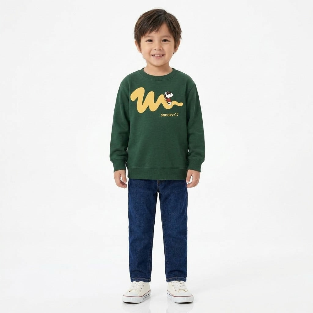Kids Cute Snoopy Graphic Dark Green Sweatshirt | Peanuts Cartoon Crewneck Pullover