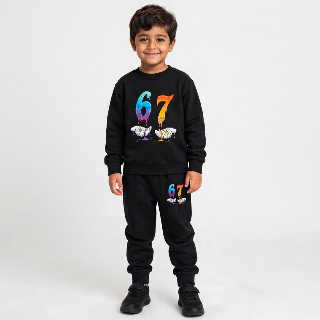 Kids "67" Drip Number Graphic Black Tracksuit Set