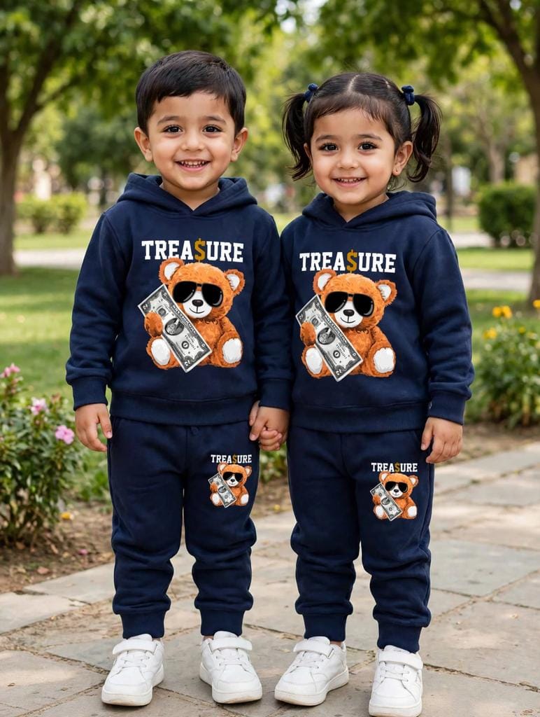 Kids Navy Blue Teddy Bear Hoodie Tracksuit