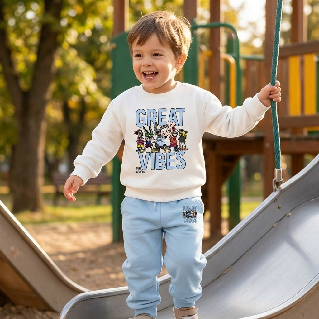Kids "Great Vibes" Cartoon Graphic White & Light Blue Tracksuit Set