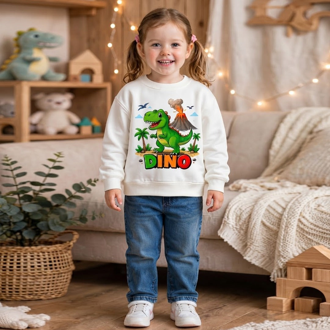 Kids Cute T-Rex Volcano Graphic Sweatshirt (White) | Dinosaur Crewneck Pullover