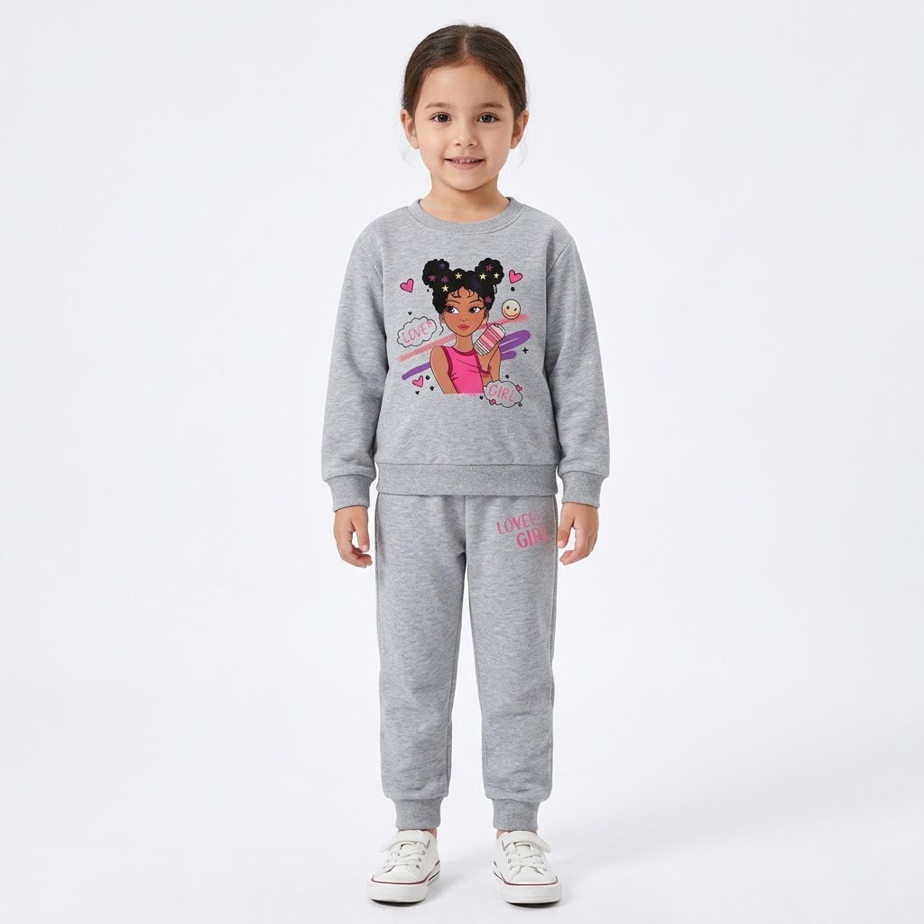 Girls' Printed Sweatshirt & Trouser Set – Grey