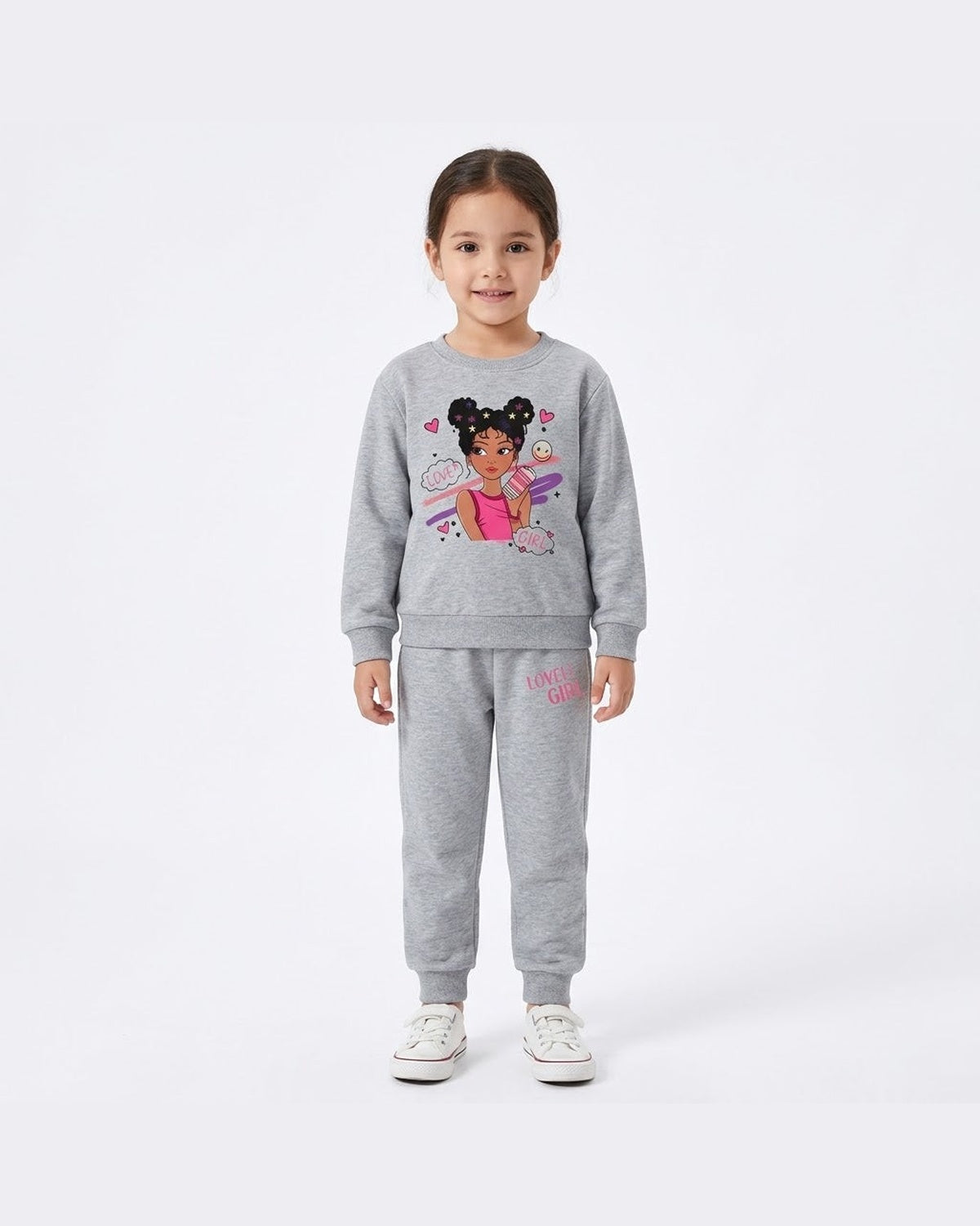 Girls' Printed Sweatshirt & Trouser Set – Grey