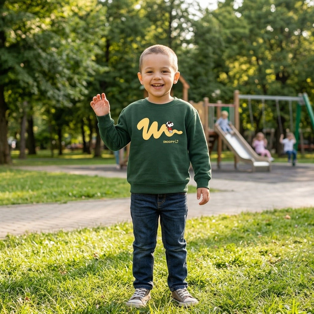 Kids Cute Snoopy Graphic Dark Green Sweatshirt | Peanuts Cartoon Crewneck Pullover