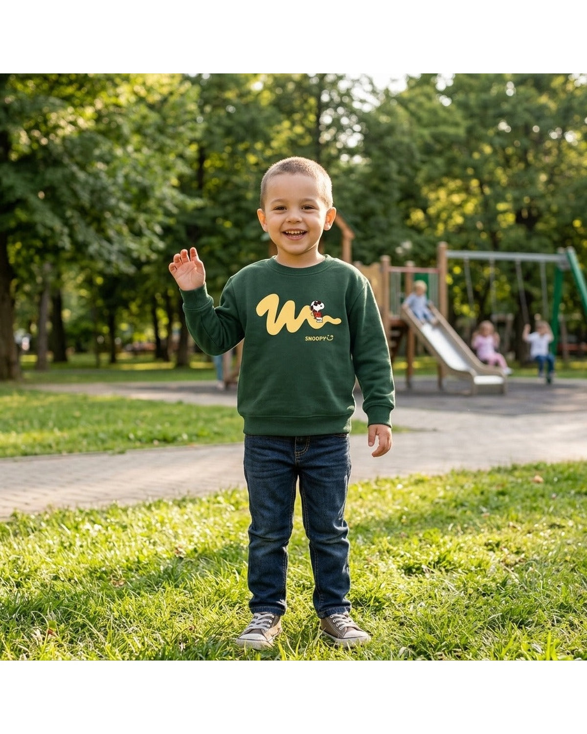 Kids Cute Snoopy Graphic Dark Green Sweatshirt | Peanuts Cartoon Crewneck Pullover