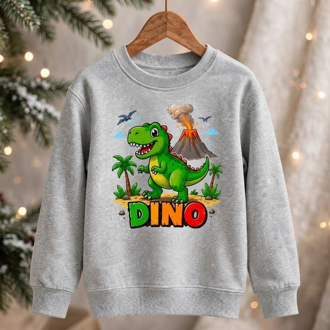 Kids Cute T-Rex Volcano Graphic Sweatshirt | Dinosaur Crewneck Pullover