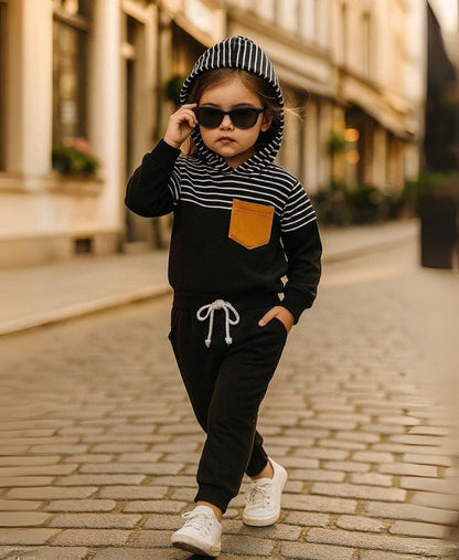 Unisex Cotton Hoodie & Trouser Set – Black Striped Winter Outfit