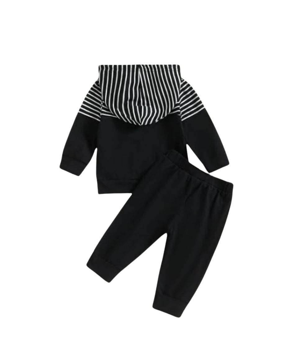 Unisex Cotton Hoodie & Trouser Set – Black Striped Winter Outfit