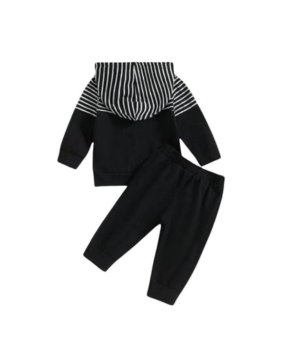 Unisex Cotton Hoodie & Trouser Set – Black Striped Winter Outfit