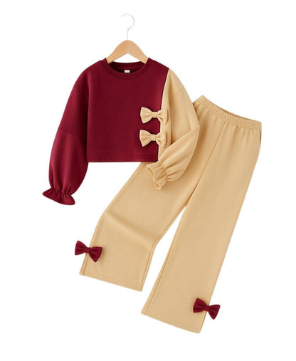 Girls Fleece Sweatshirt & Pants Set – Maroon Beige Bow Outfit