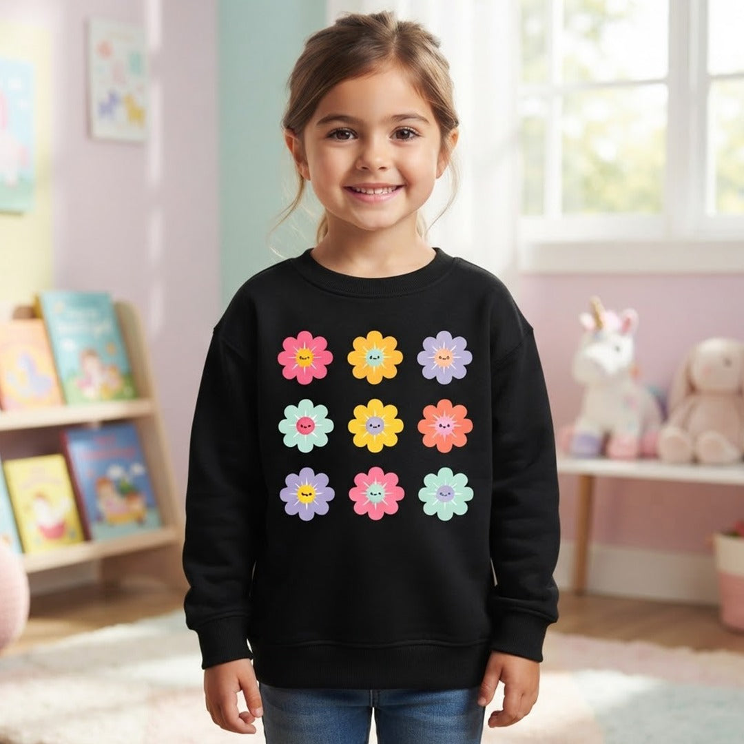 Girls’ Colorful Flower Printed Sweatshirt – Black Winter Wear