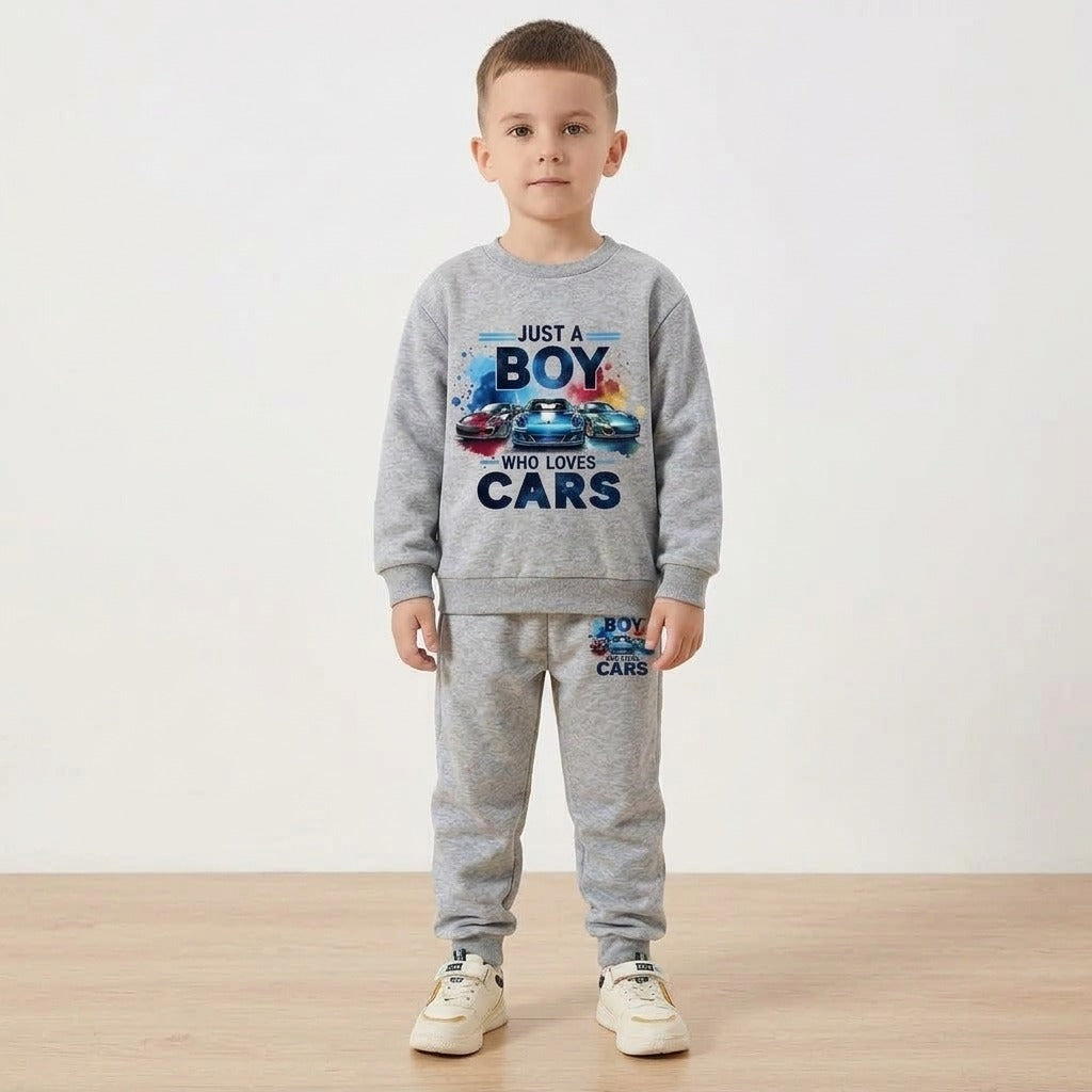 Boys Car Print Sweatshirt & Jogger Set – Grey