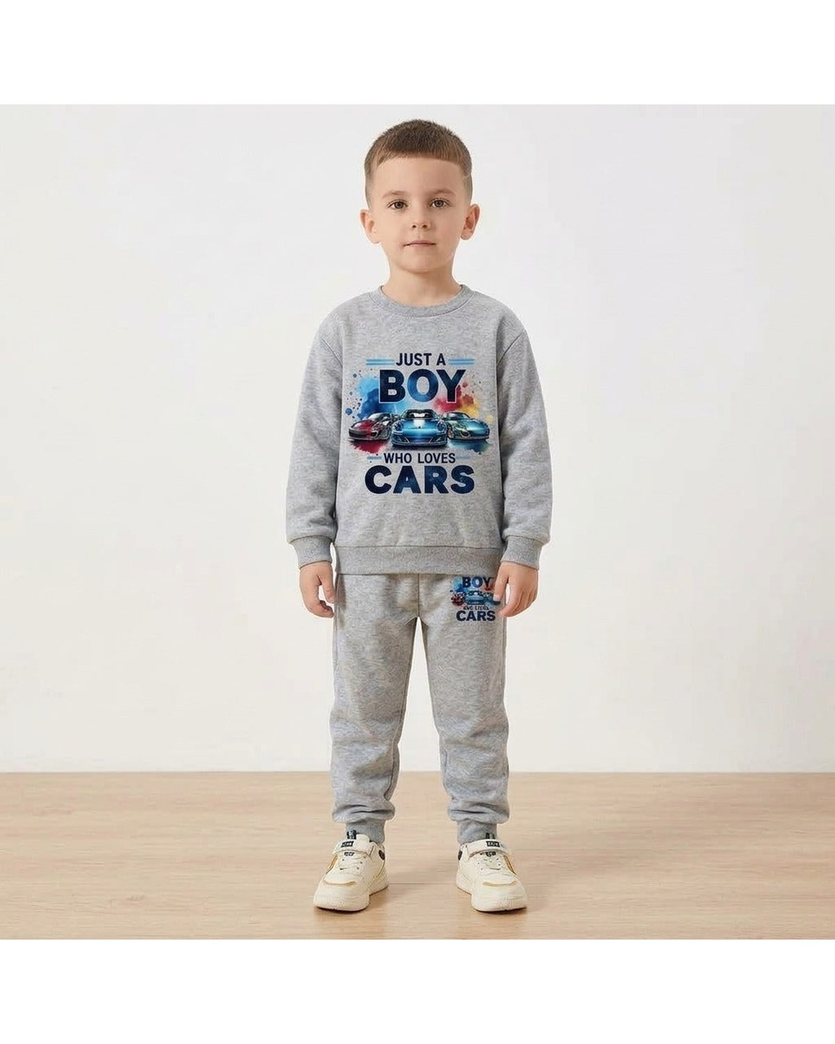 Boys Car Print Sweatshirt & Jogger Set – Grey
