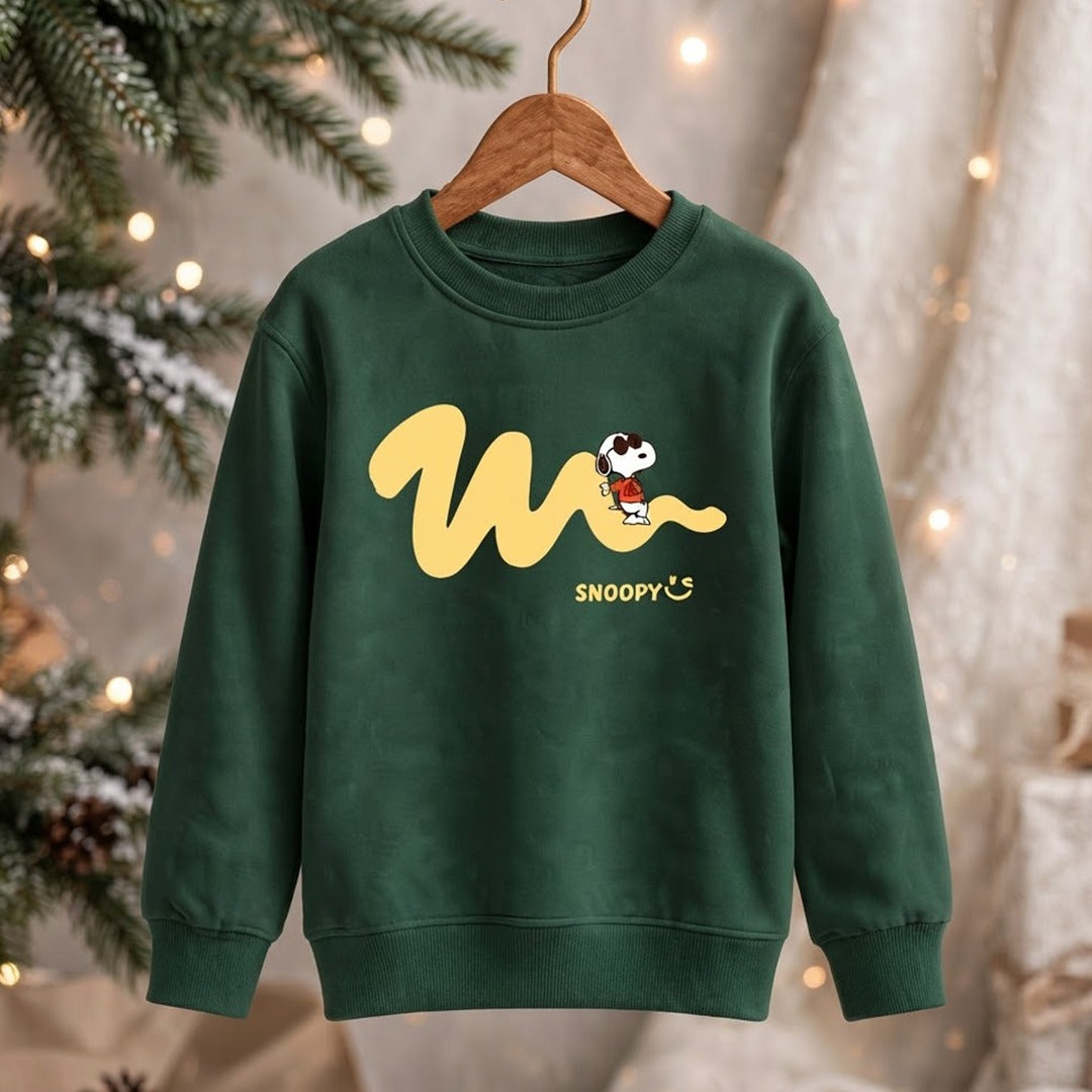 Kids Cute Snoopy Graphic Dark Green Sweatshirt | Peanuts Cartoon Crewneck Pullover