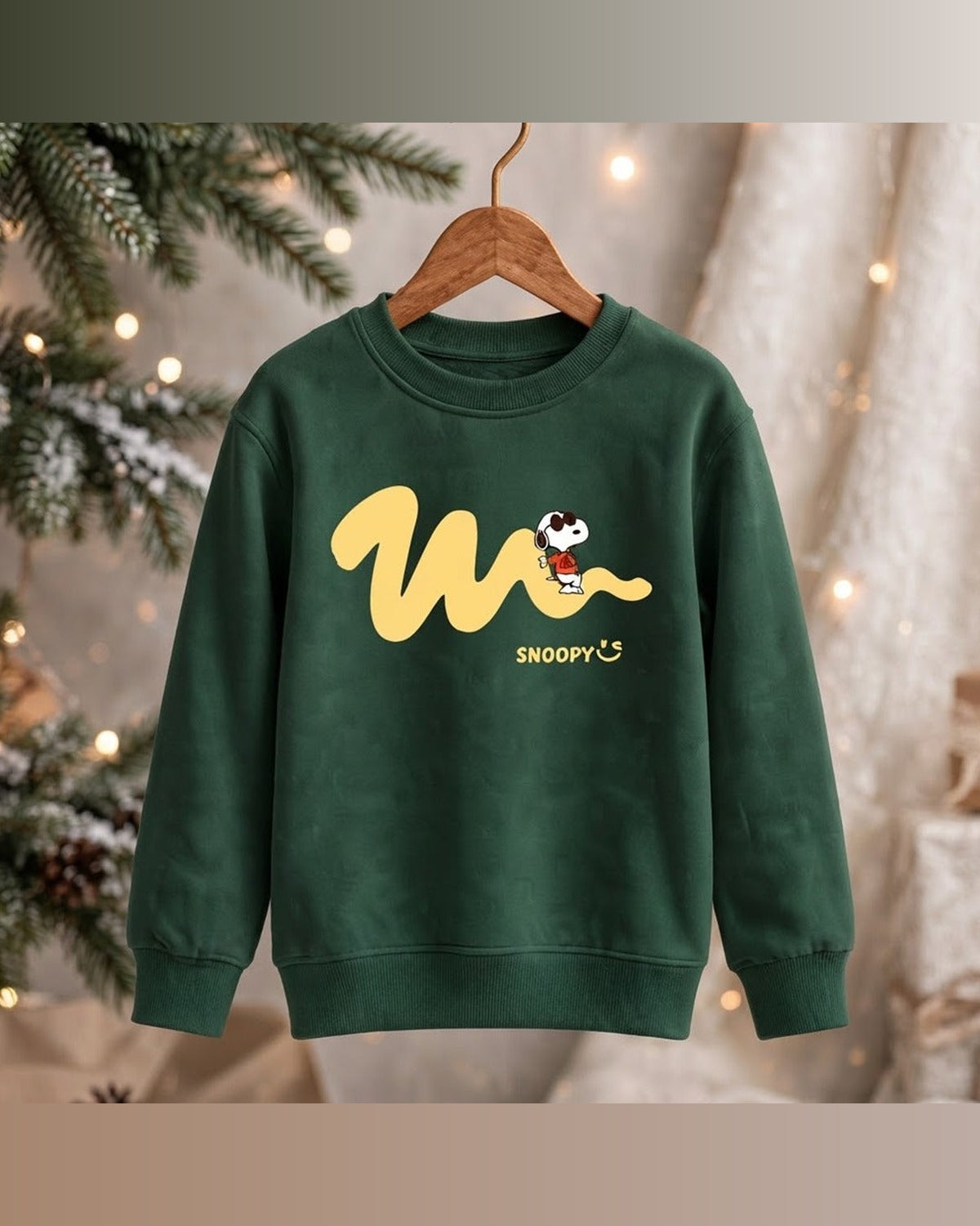 Kids Cute Snoopy Graphic Dark Green Sweatshirt | Peanuts Cartoon Crewneck Pullover