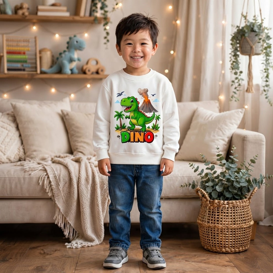 Kids Cute T-Rex Volcano Graphic Sweatshirt (White) | Dinosaur Crewneck Pullover