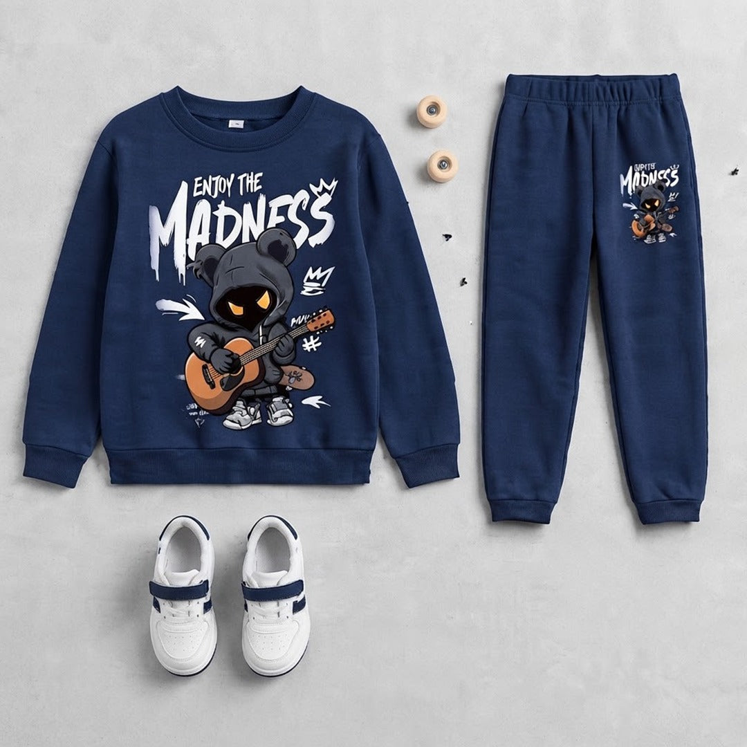 Kids "Enjoy the Madness" Skater Graphic Navy Blue Tracksuit Set