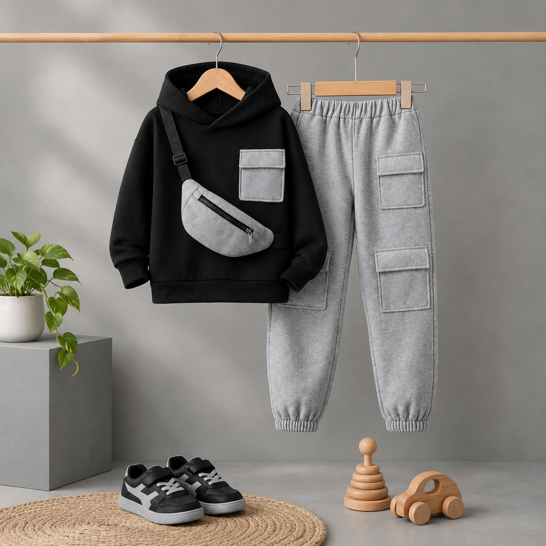 Unisex Kids Fleece Hoodie & Trouser Set – Black & Grey