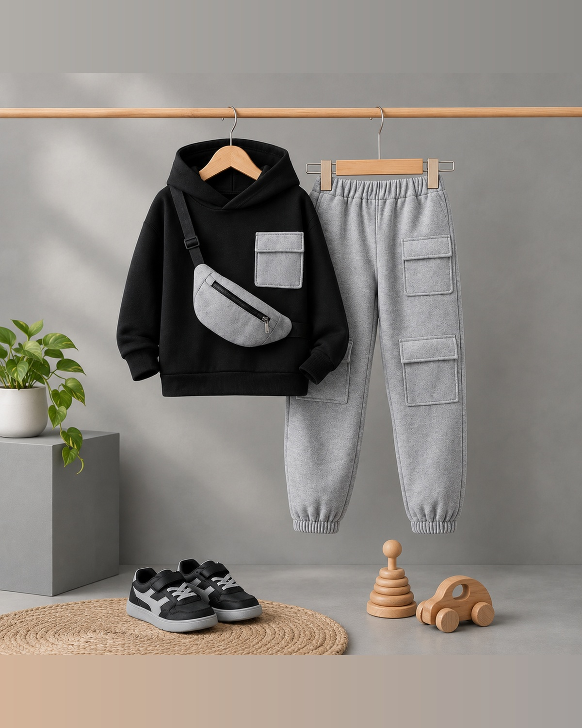 Unisex Kids Fleece Hoodie & Trouser Set – Black & Grey