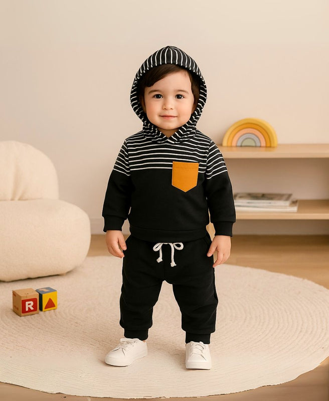 Unisex Cotton Hoodie & Trouser Set – Black Striped Winter Outfit