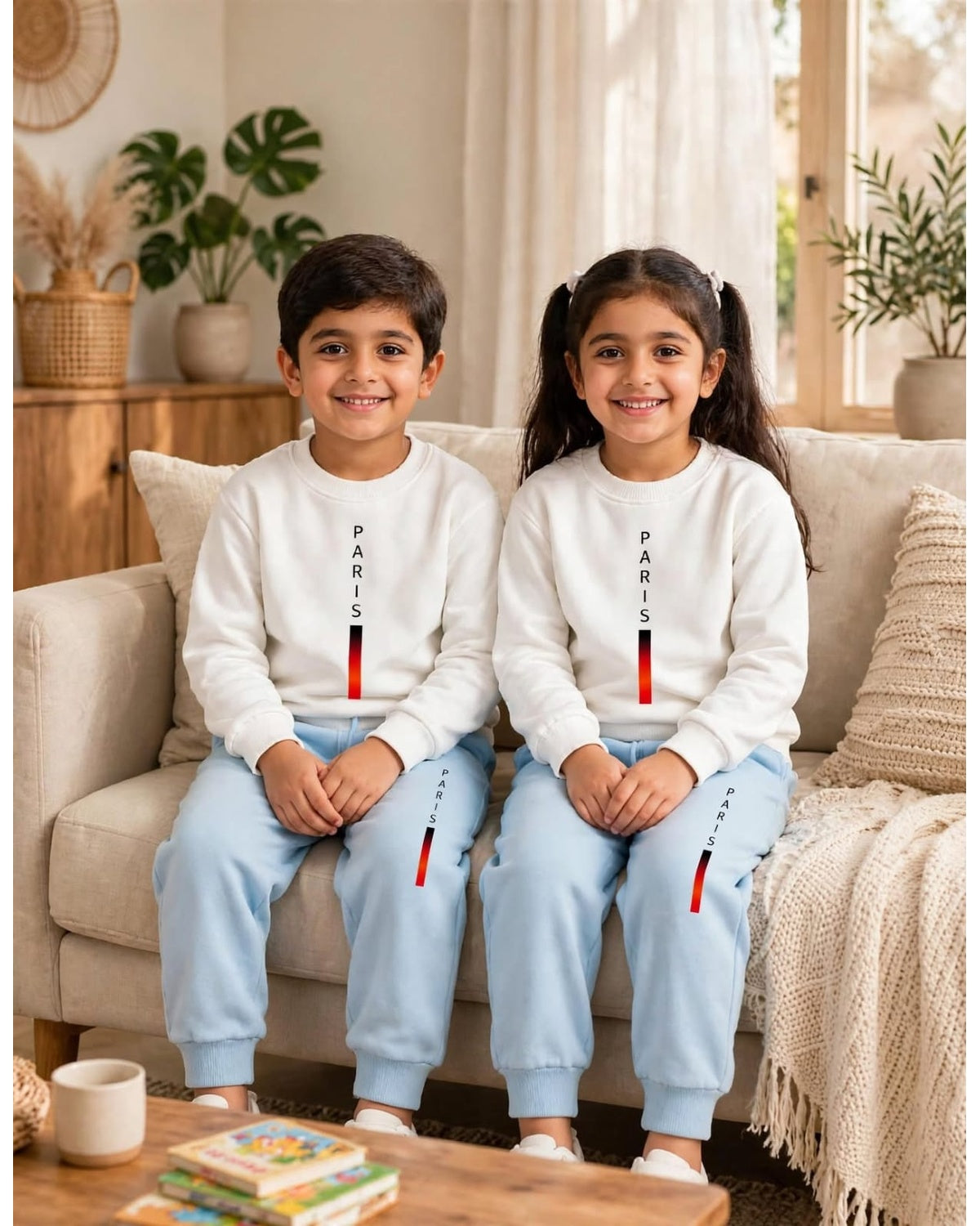 Kids Off-White "PARIS" Vertical Typography Sweatshirt & Light Blue Joggers Set | Winter Casual Wear