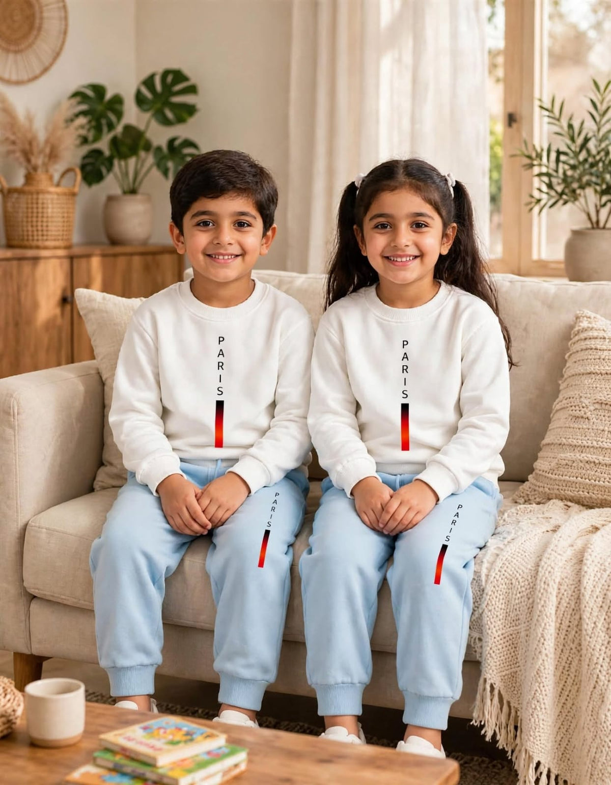 Kids Off-White "PARIS" Vertical Typography Sweatshirt & Light Blue Joggers Set | Winter Casual Wear