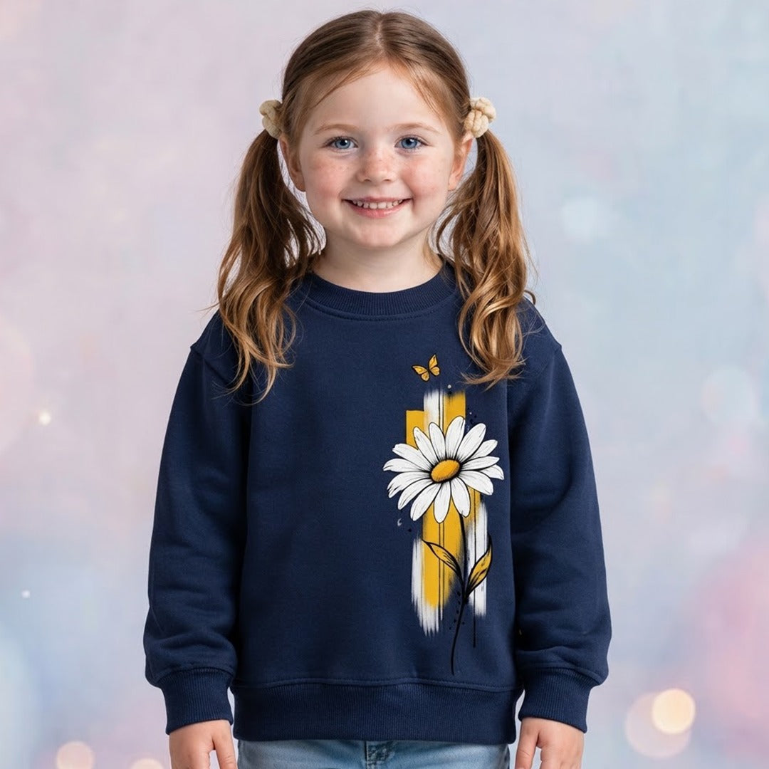 Kids Daisy Print Navy Sweatshirt – Cozy Fleece Pullove