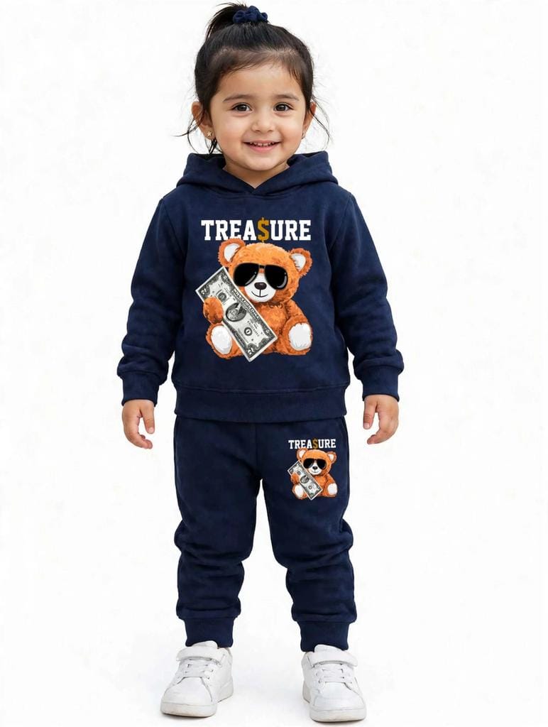 Kids Navy Blue Teddy Bear Hoodie Tracksuit