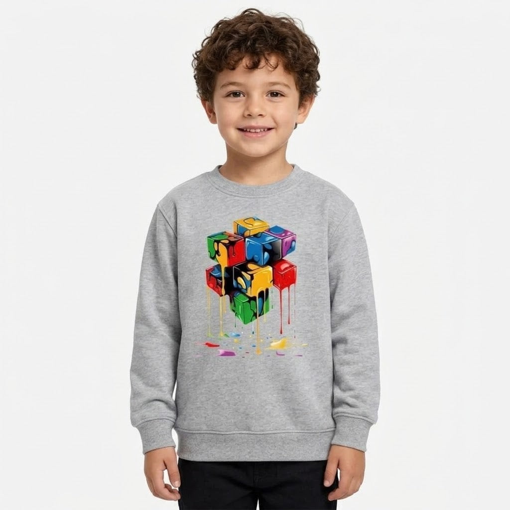 Kids Grey Melted Color Block Cube Graphic Fleece Sweatshirt | Casual Winter Wear