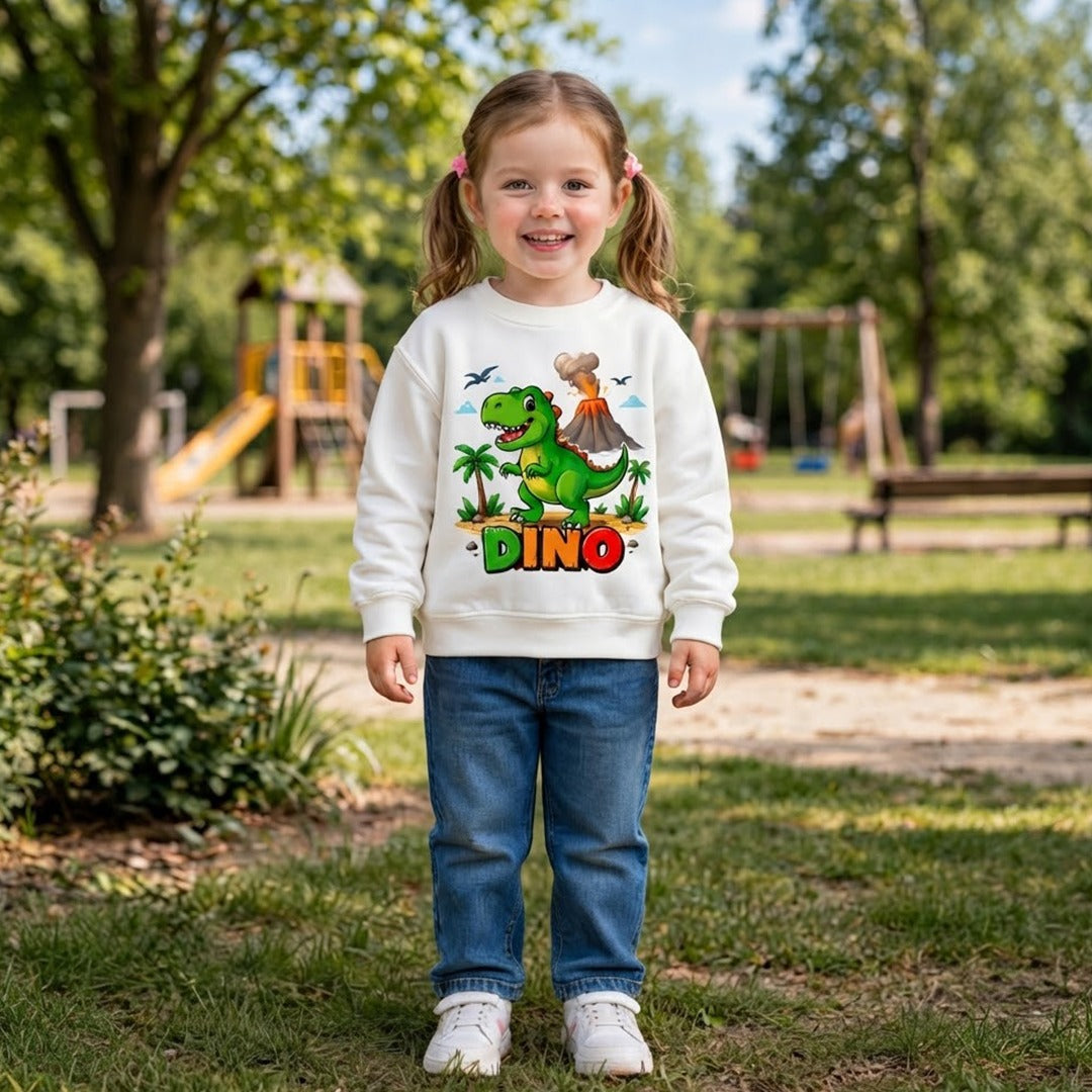 Kids Cute T-Rex Volcano Graphic Sweatshirt (White) | Dinosaur Crewneck Pullover
