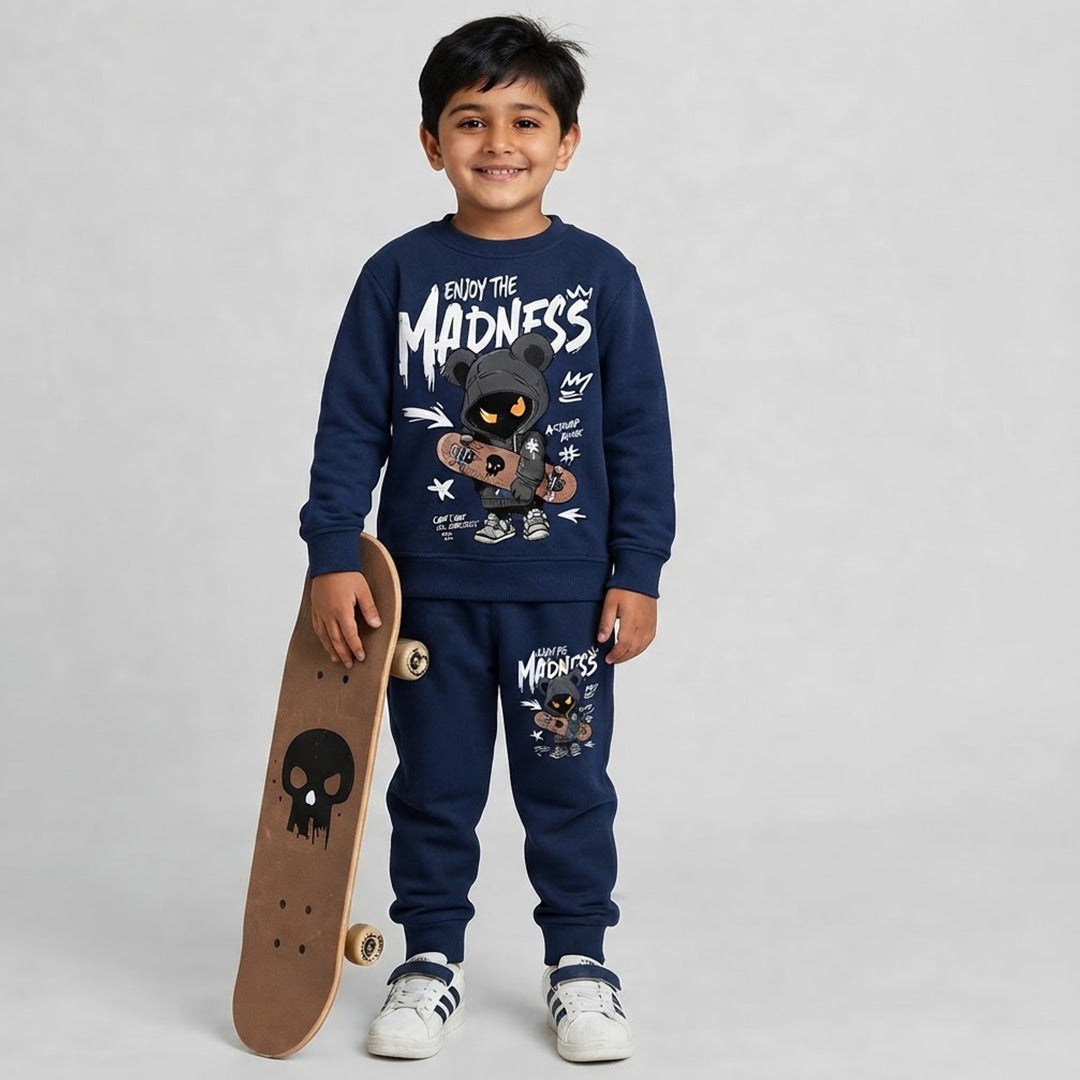 Kids "Enjoy the Madness" Skater Graphic Navy Blue Tracksuit Set