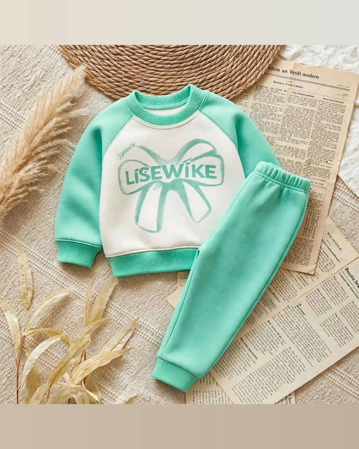 Unisex Mint & White Bow Sweatshirt with Trouser Set