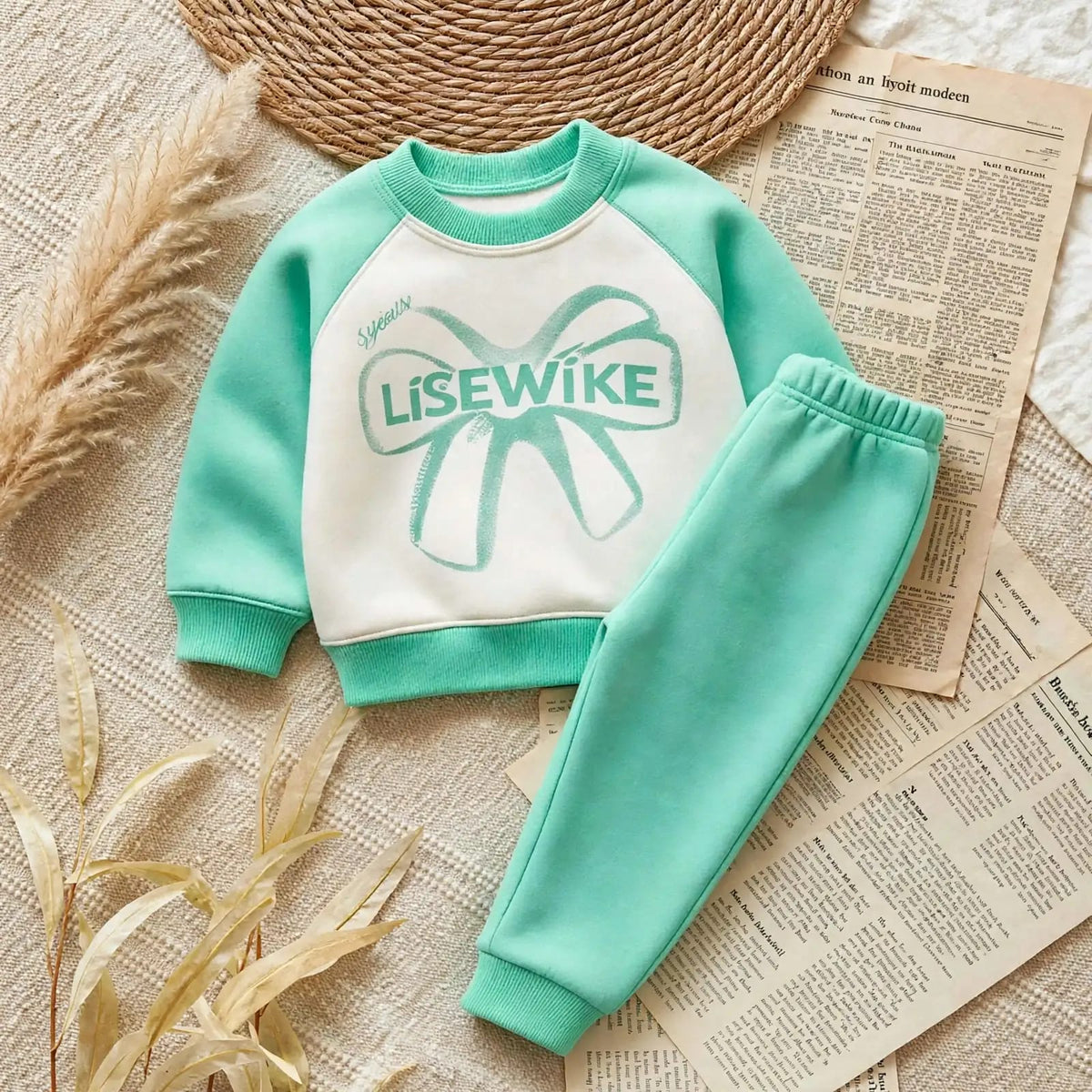 Unisex Mint & White Bow Sweatshirt with Trouser Set