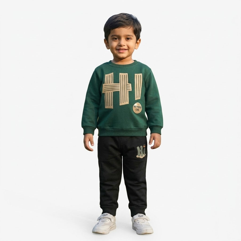 Boys’ Printed Sweatshirt & Jogger Set – Green & Black Winter Outfit