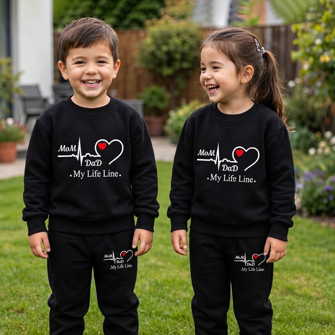 Kids "Mom & Dad My Life Line" Black Matching Sweatshirt & Jogger Set