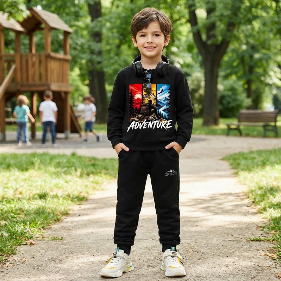 Boys’ Adventure Printed Sweatshirt & Jogger Set – Black Winter Outfit