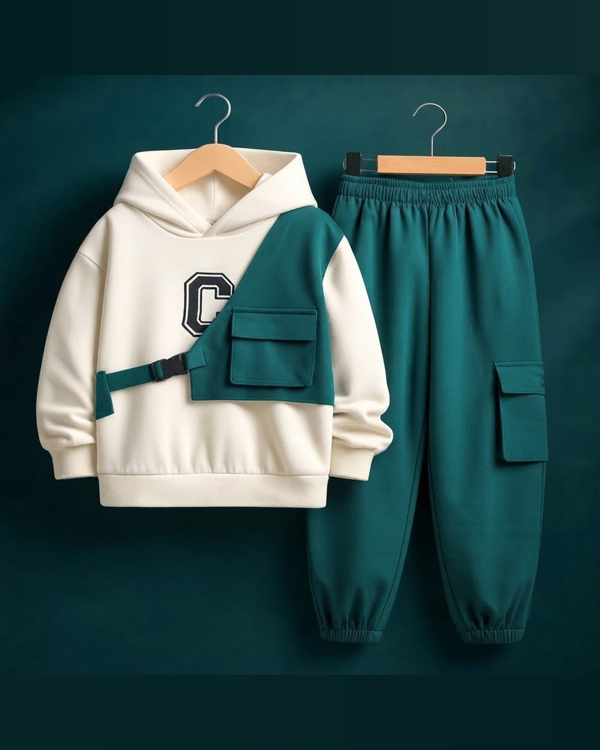 Kids Fleece Hoodie & Cargo Trouser Set – C-Green Winter Outfit